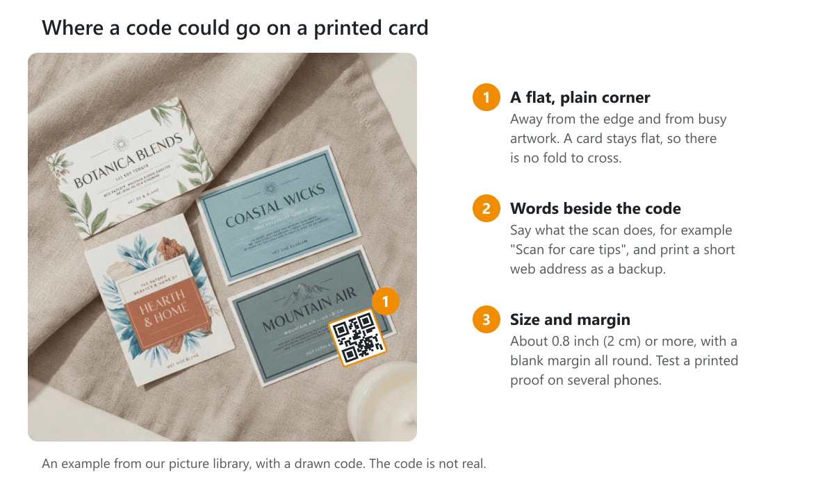 Four printed cards on linen, one with a drawn code in its lower corner, marked with a numbered callout