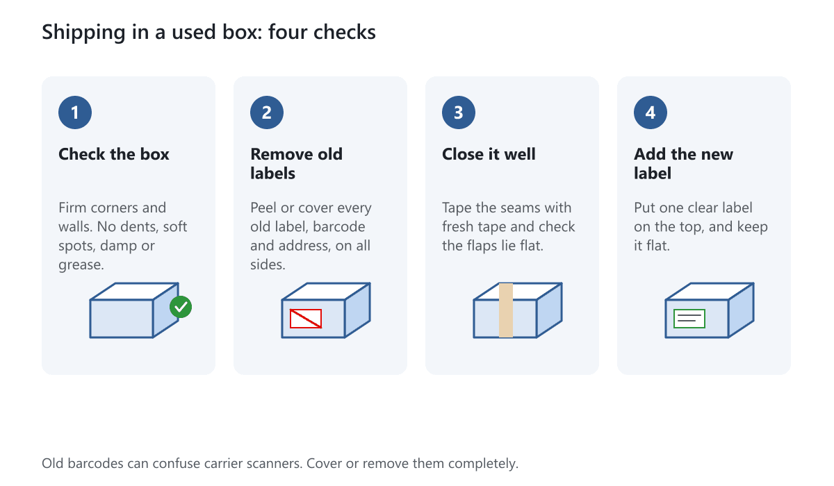 Four steps for shipping in a used box: check the box, remove old labels, close it well and add the new label