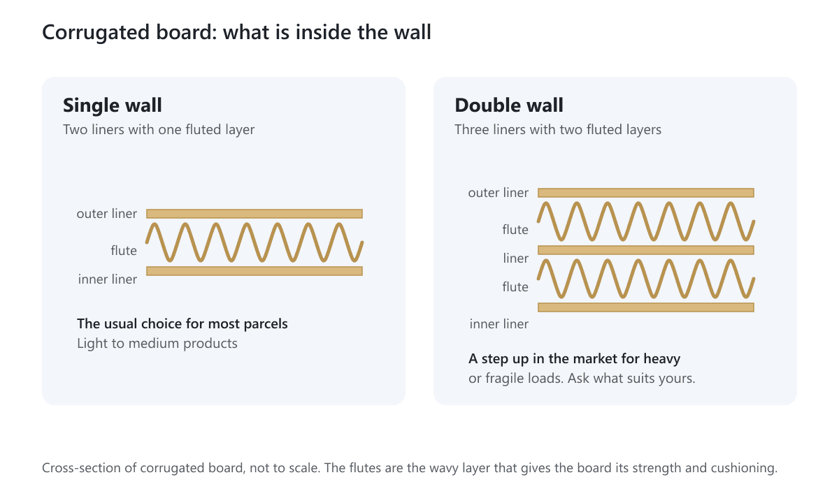 Cross-section of single-wall corrugated board with one wavy layer between two liners, next to double-wall board with two wavy layers between three liners