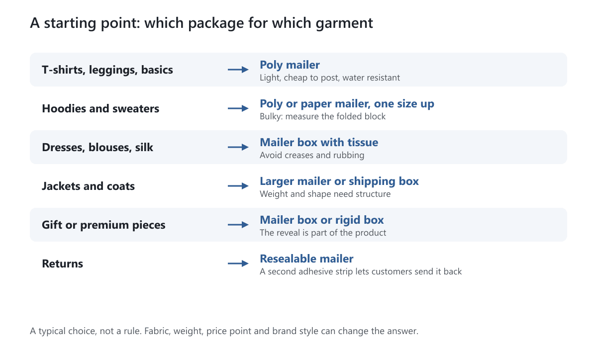 A list matching garments to packages: T-shirts to poly mailers, dresses to mailer boxes, jackets to larger boxes and returns to resealable mailers