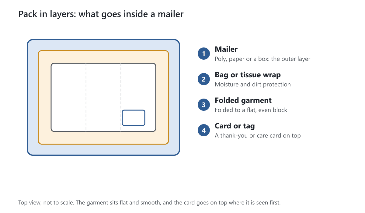 A top view of a mailer holding a bag or tissue wrap, a folded garment and a card, in four layers