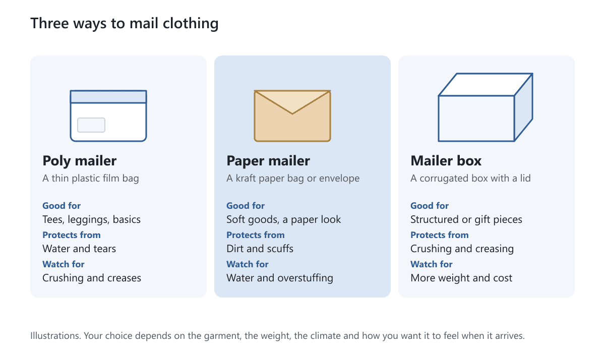 Poly mailer, paper mailer and mailer box drawn side by side with what each is good for and what to watch for