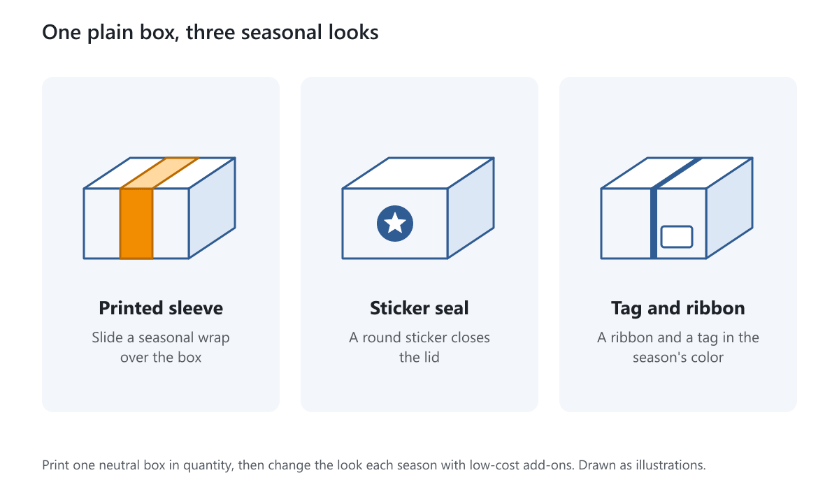 One plain box shown with a printed sleeve, a round sticker seal and a tag with ribbon as three seasonal looks