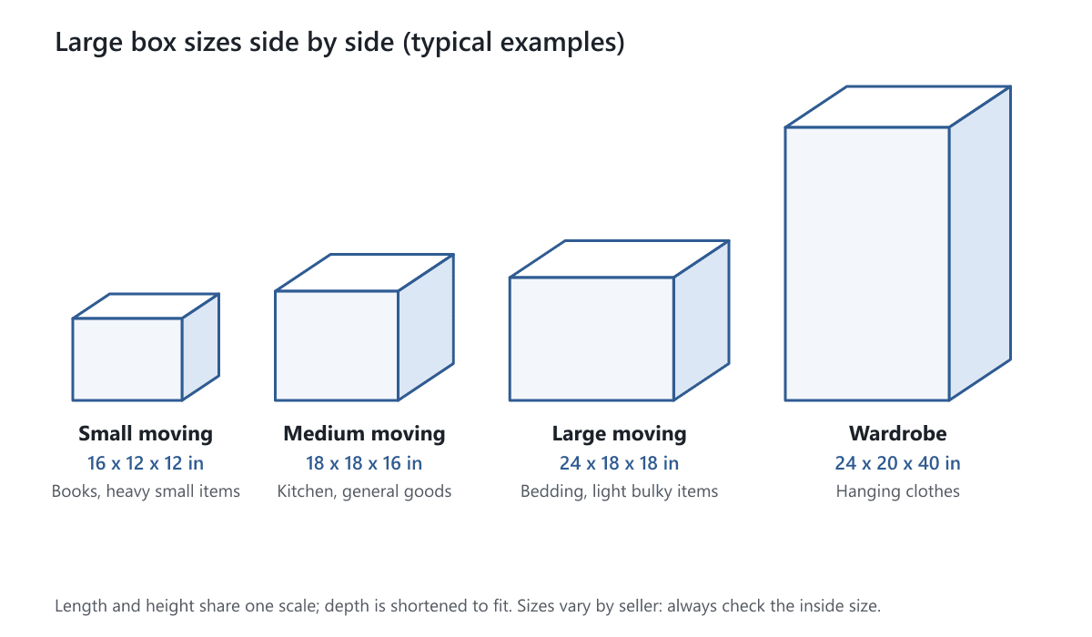 Four large boxes drawn side by side: small moving, medium moving, large moving and wardrobe, with example sizes