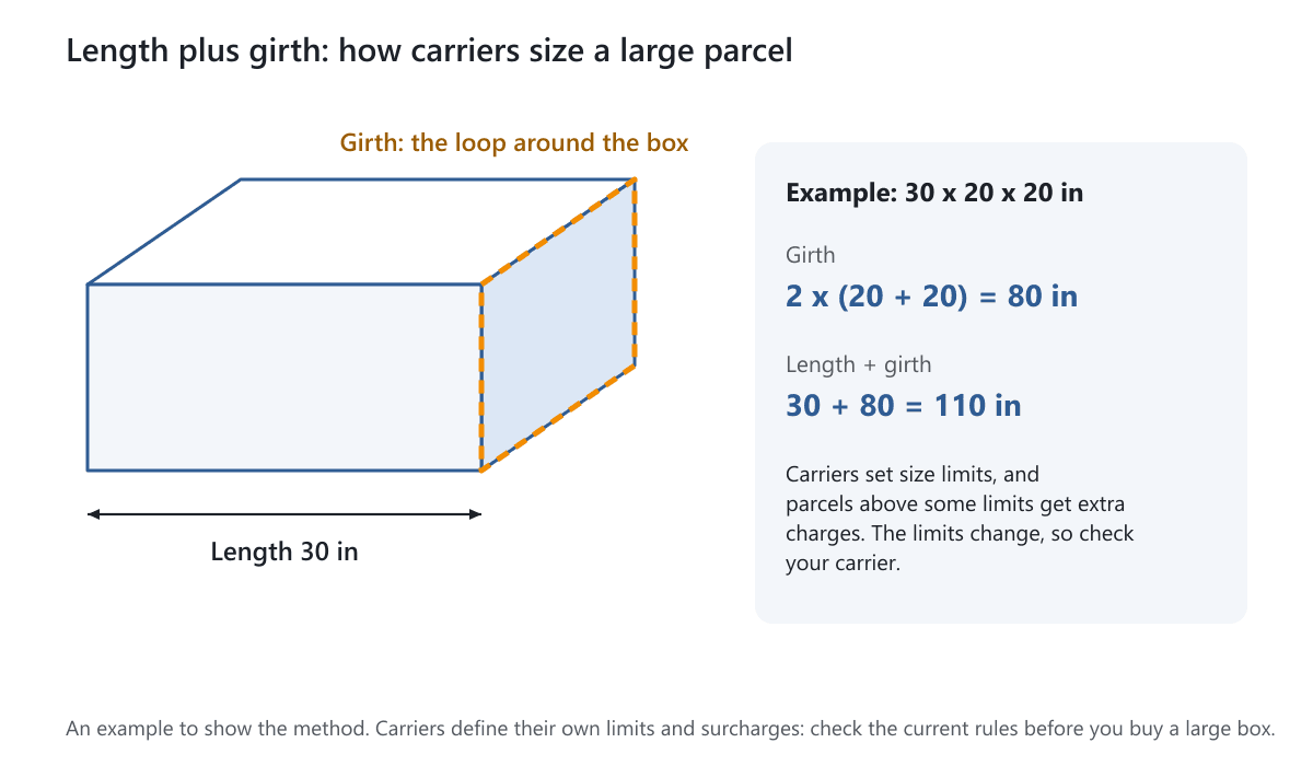 A long box with the loop around its end marked as the girth and an example of length plus girth equal to 110 inches