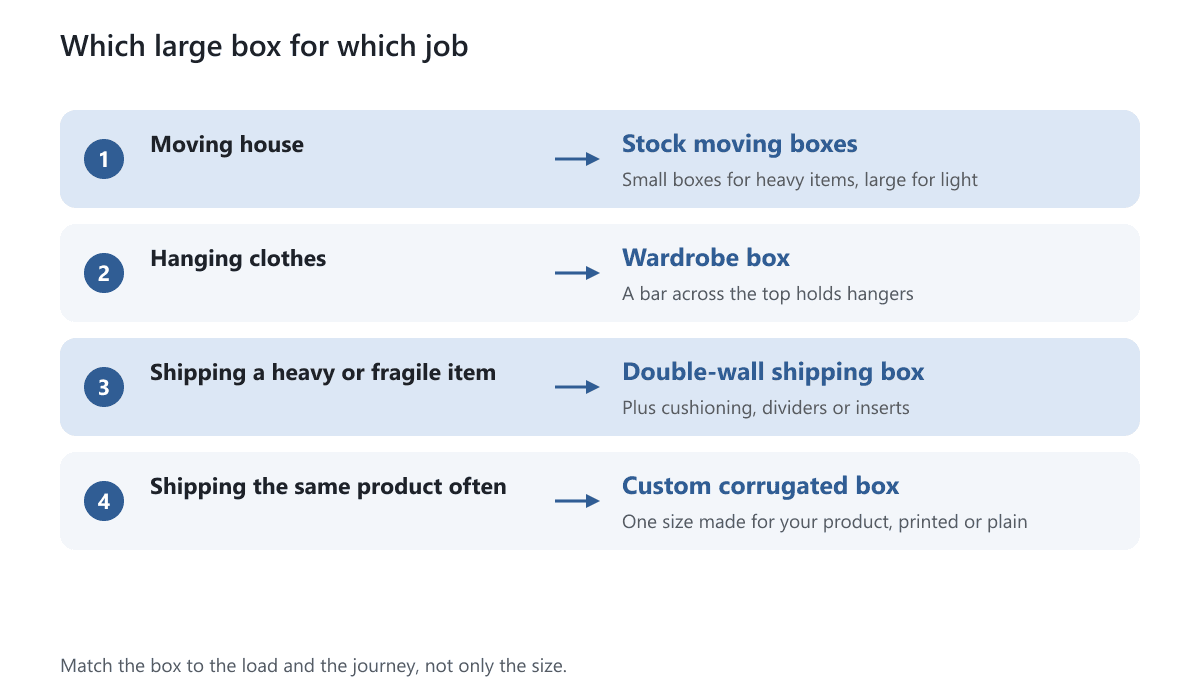 Four jobs matched to a large box type: moving, hanging clothes, shipping a heavy item and shipping a product often