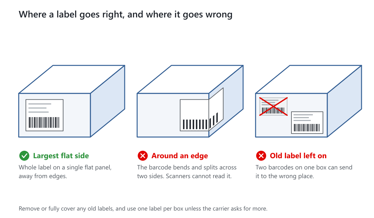 Three boxes: a label on the largest flat side is right, a label wrapped around an edge and an old label left on the box are wrong
