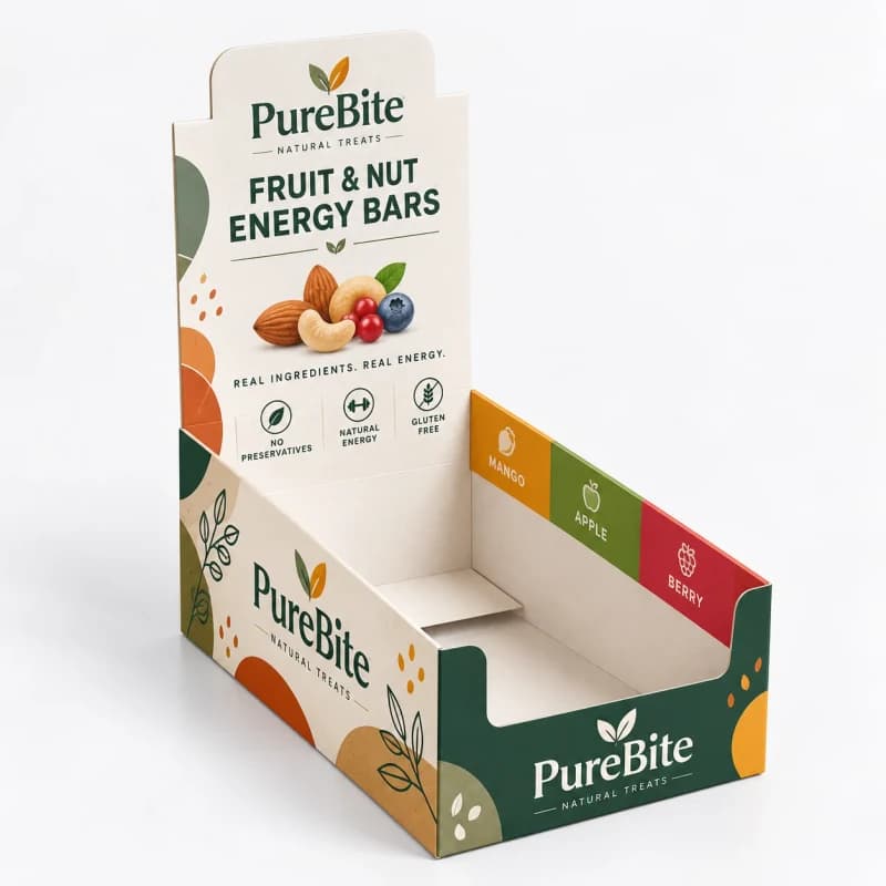 A custom printed counter display box with a tall back panel