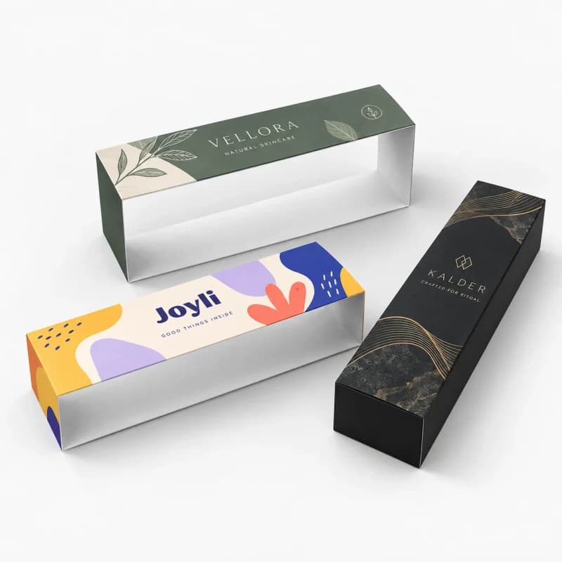 Three custom printed packaging sleeves in different designs
