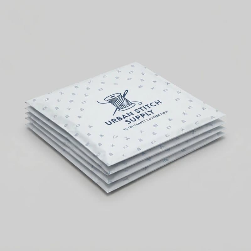 A stack of custom printed white poly mailers