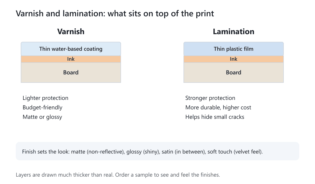 Layers of varnish and lamination: a thin water-based coating or a thin plastic film on top of the ink and the board