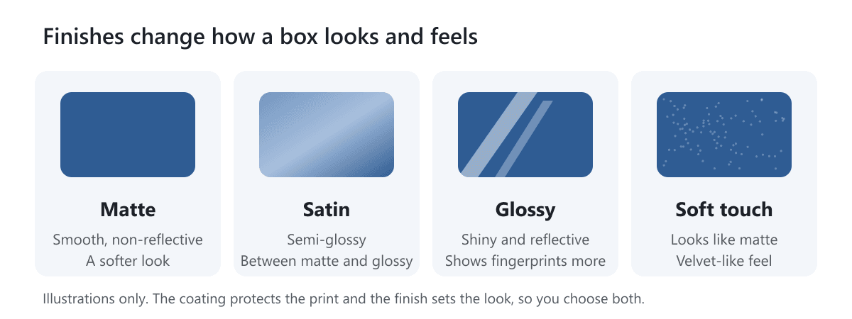 Four finishes shown as swatches: matte (smooth, non-reflective), satin (semi-glossy), glossy (shiny, shows fingerprints more) and soft touch (velvet-like feel)