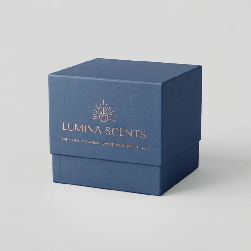 Blue printed candle box with a foil logo