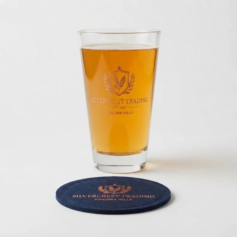 Pint glass of beer with a printed logo beside a navy felt coaster