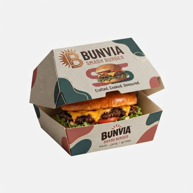 Open kraft clamshell burger box with a printed logo and a smash burger inside