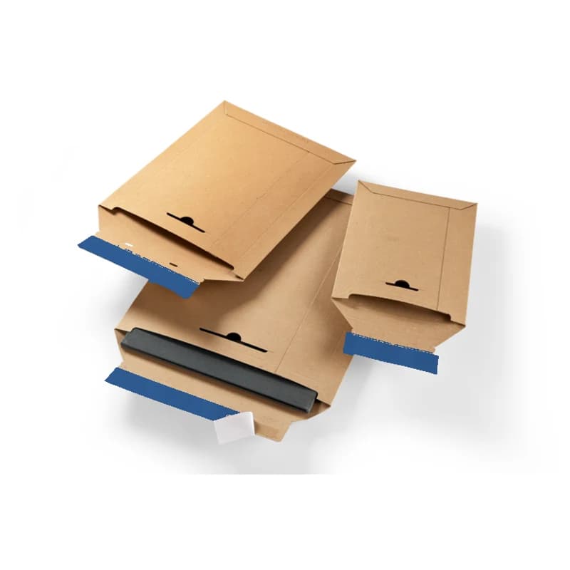 Three rigid cardboard envelopes with tear strips, one open