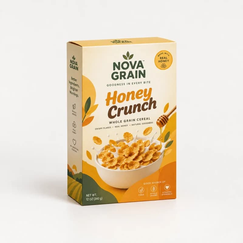 Printed cereal box beside a bowl of cereal flakes
