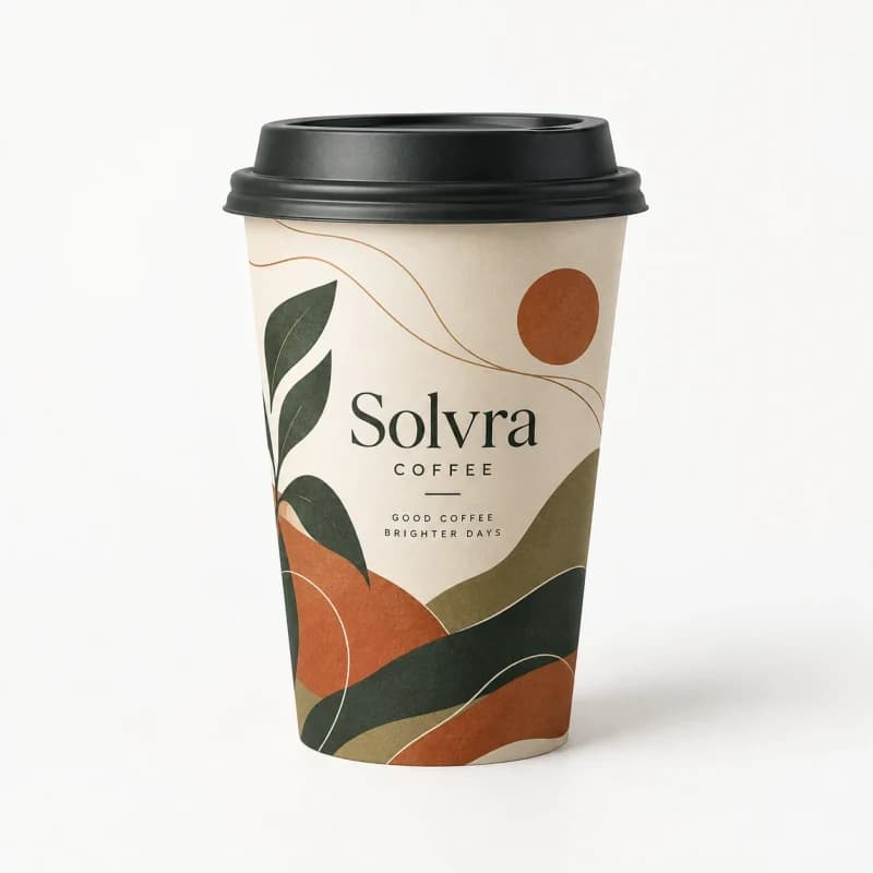 Paper coffee cup with a black lid and a printed leaf pattern