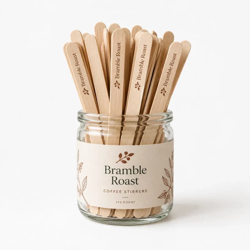 Wooden coffee stirrers printed with a logo, standing in a glass jar