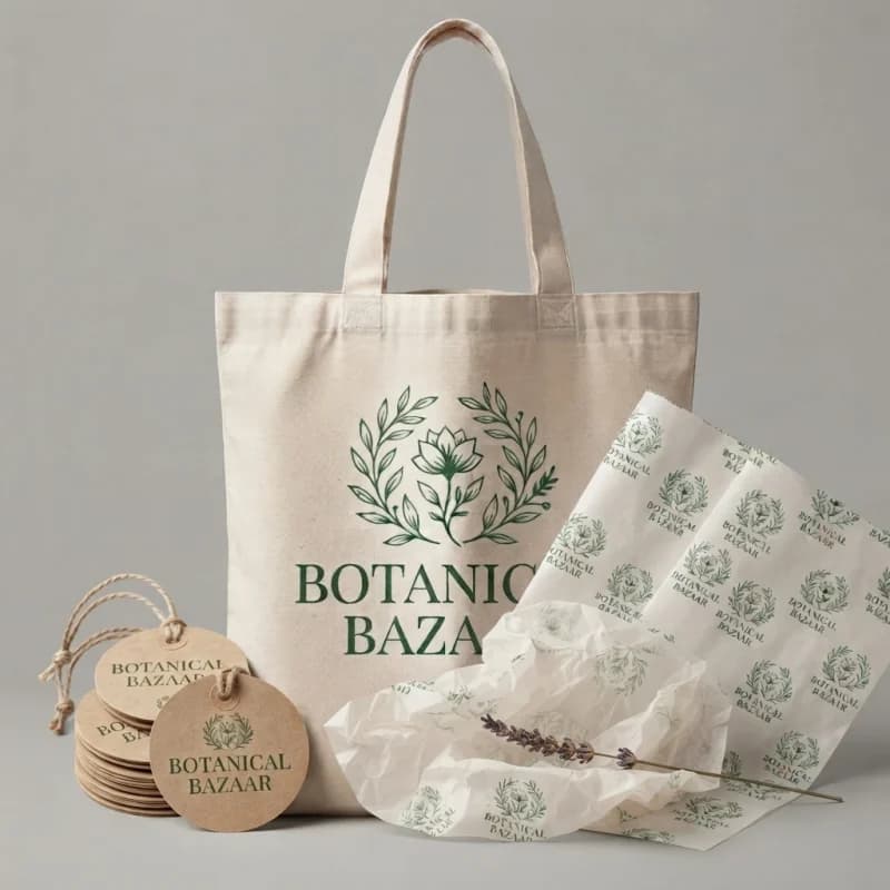 Cotton tote bag, round kraft hang tags and printed tissue paper sharing one logo