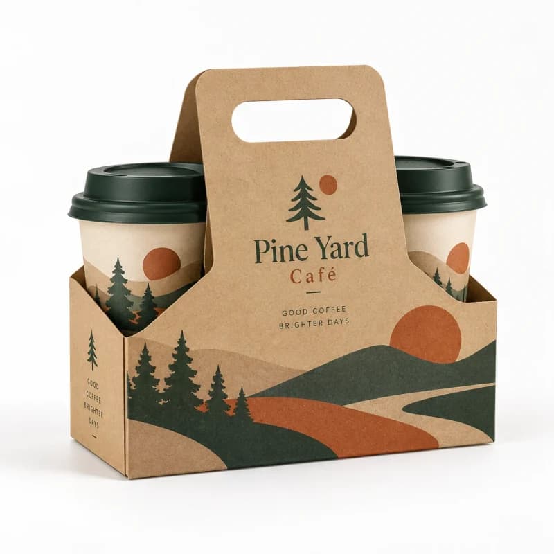 Kraft cup carrier holding two paper cups, printed with a tree and hills design