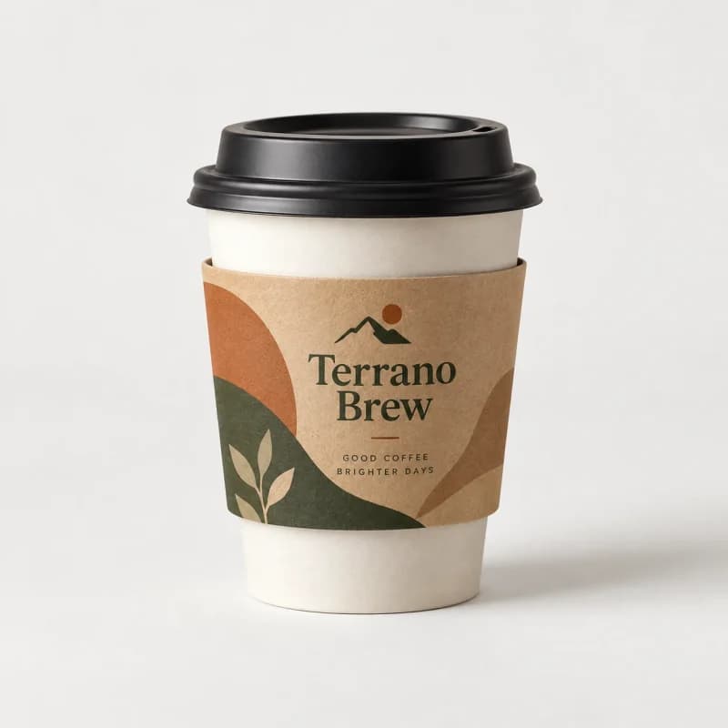 Kraft cup sleeve with a printed logo on a white paper cup