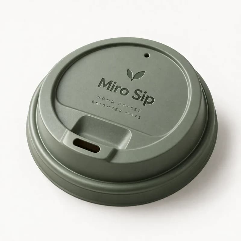 Sage green cup lid with an embossed logo