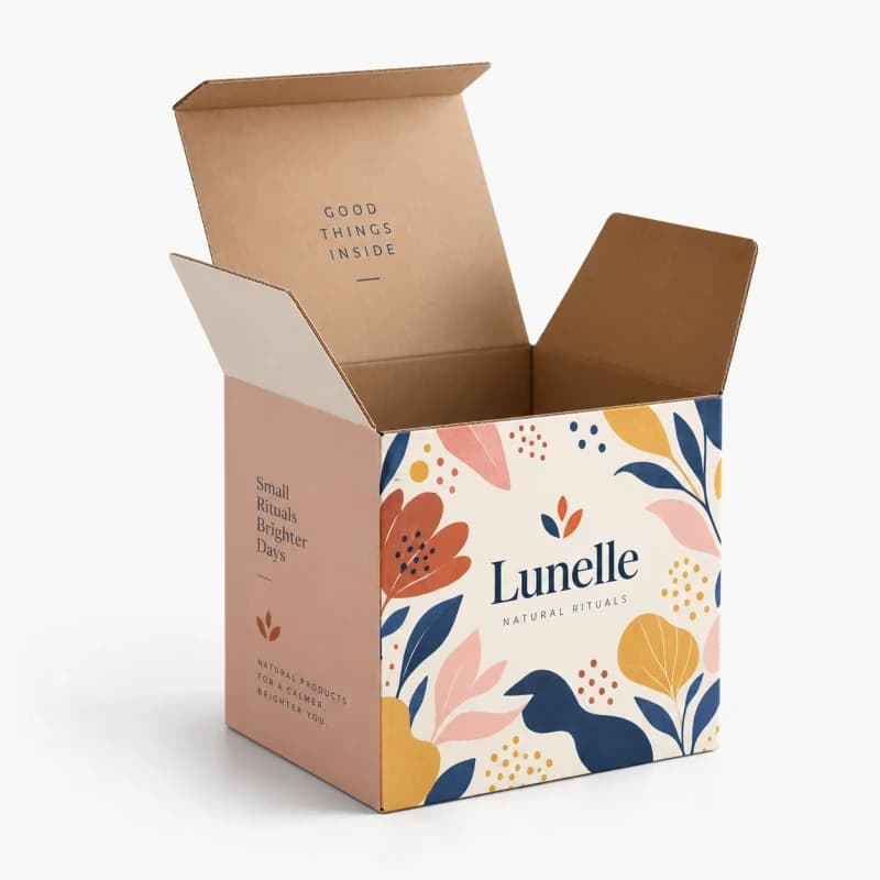 Open printed corrugated cube box with a floral pattern and a pink side
