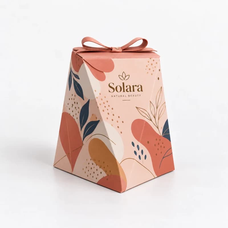 Tapered faceted gift box in pink and terracotta with a ribbon bow