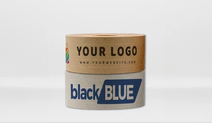 Two rolls of kraft paper tape, one printed with a repeating logo