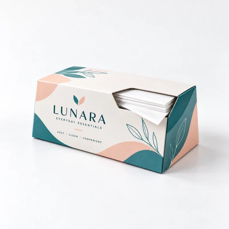 Teal and coral tissue dispenser box with an angled opening and white tissues