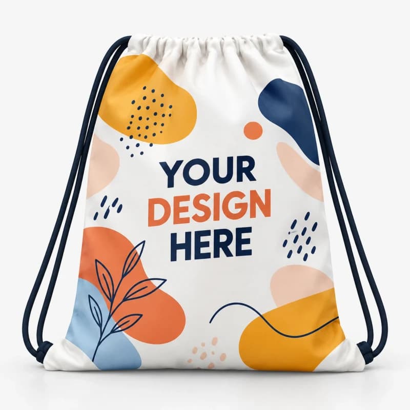 White drawstring bag with navy cords and a colorful printed design