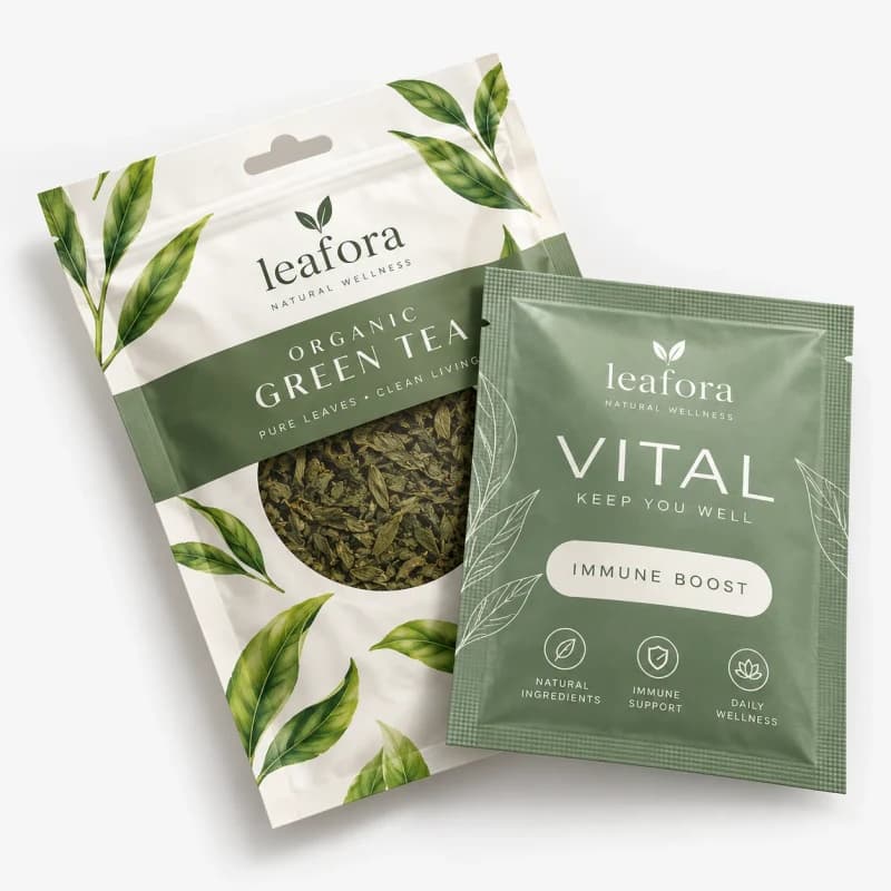 Flat three-side-seal sachet beside a stand-up zip pouch with a tea leaf window