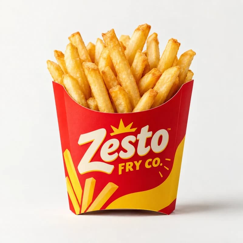 Red printed scoop carton filled with french fries