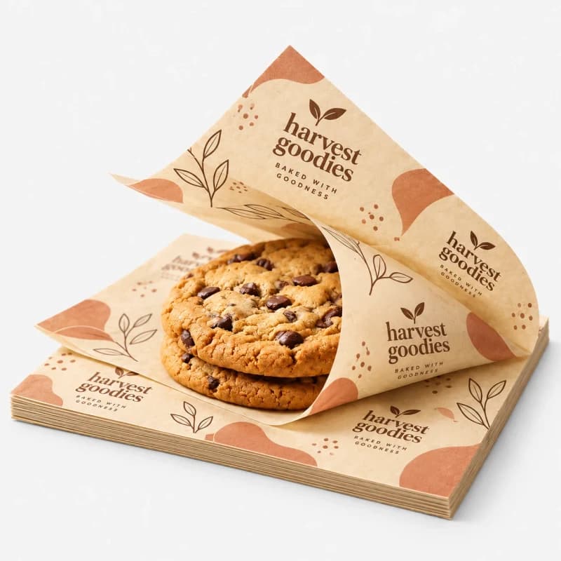Printed kraft wrapping sheets with a cookie wrapped in a paper cone