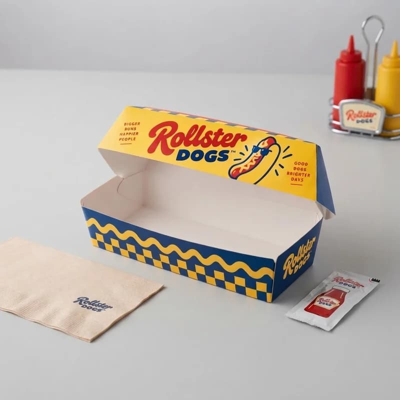 Open yellow and blue printed hot dog box with a hot dog, napkin and sauce