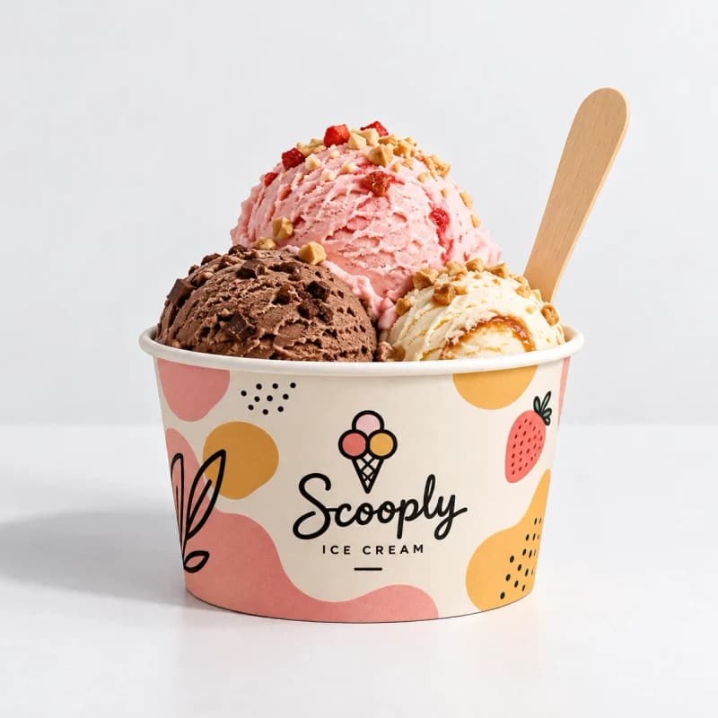 Printed paper ice cream tub with three scoops and a wooden spoon
