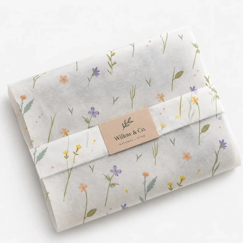 Folded sheet of printed tissue-style packing paper with a wildflower pattern