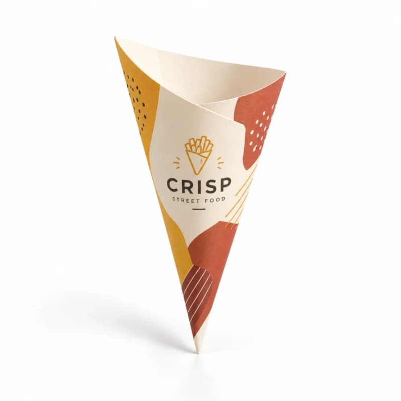 Printed paper cone filled with french fries