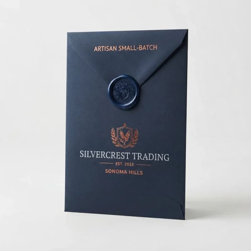 Navy paper envelope with a copper foil print and a wax seal