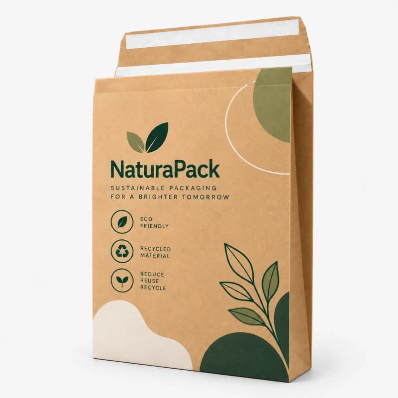 Kraft expandable paper mailing bag with white seal strips and a printed logo