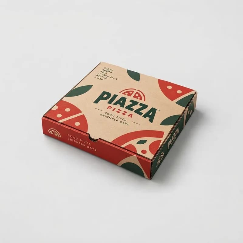 Kraft corrugated pizza box with a red and green print