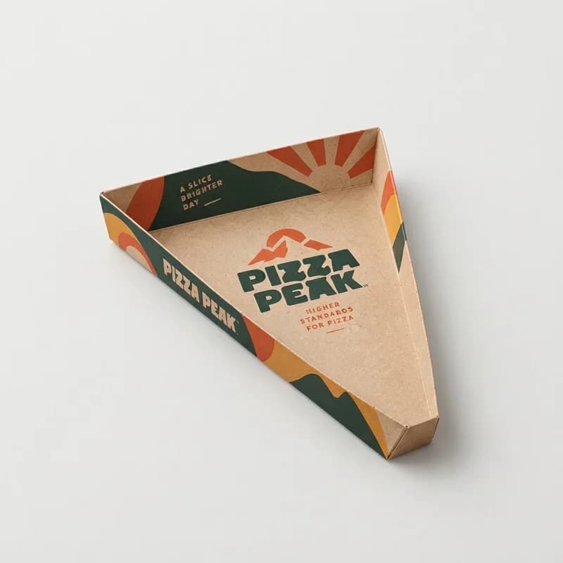 Open triangular kraft pizza slice tray with a printed pattern, seen from above
