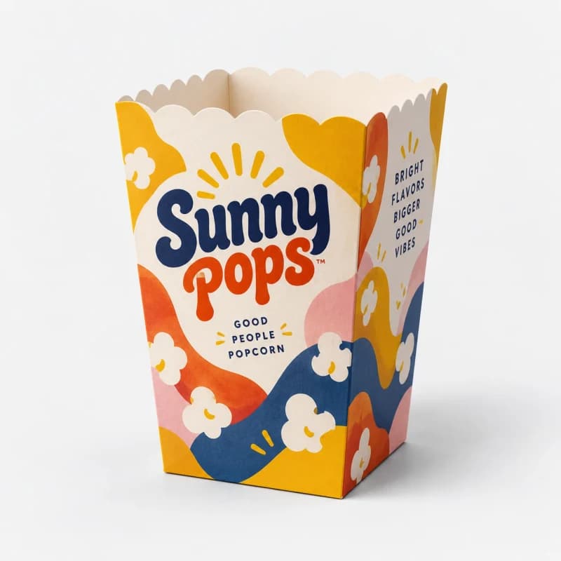 Printed popcorn box filled with popcorn