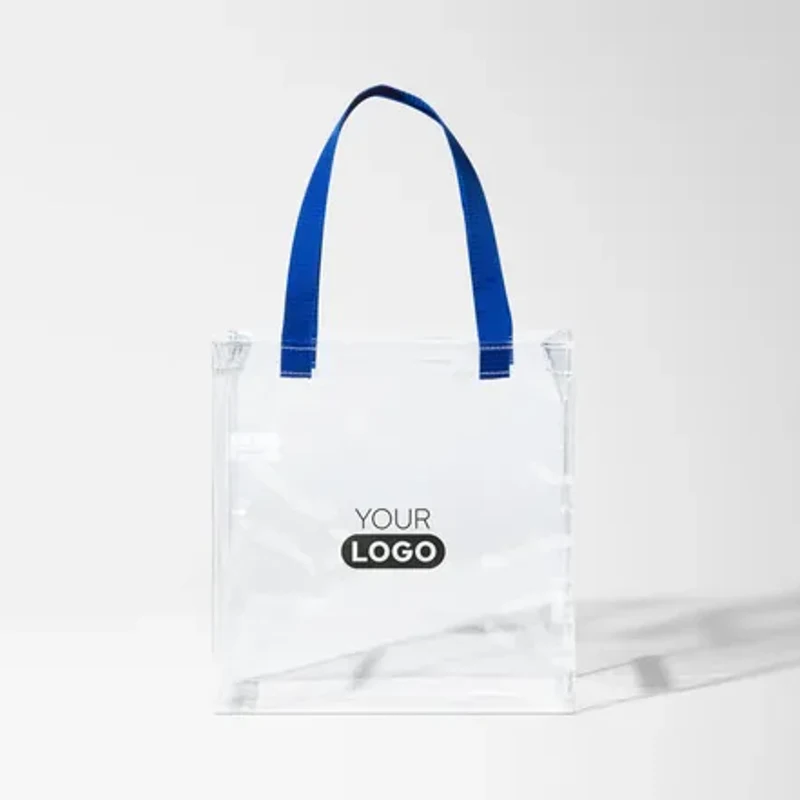 Clear PVC tote bag with blue handles and a sample logo