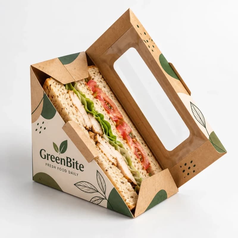 Kraft sandwich wedge box with a clear window, opened to show a sandwich