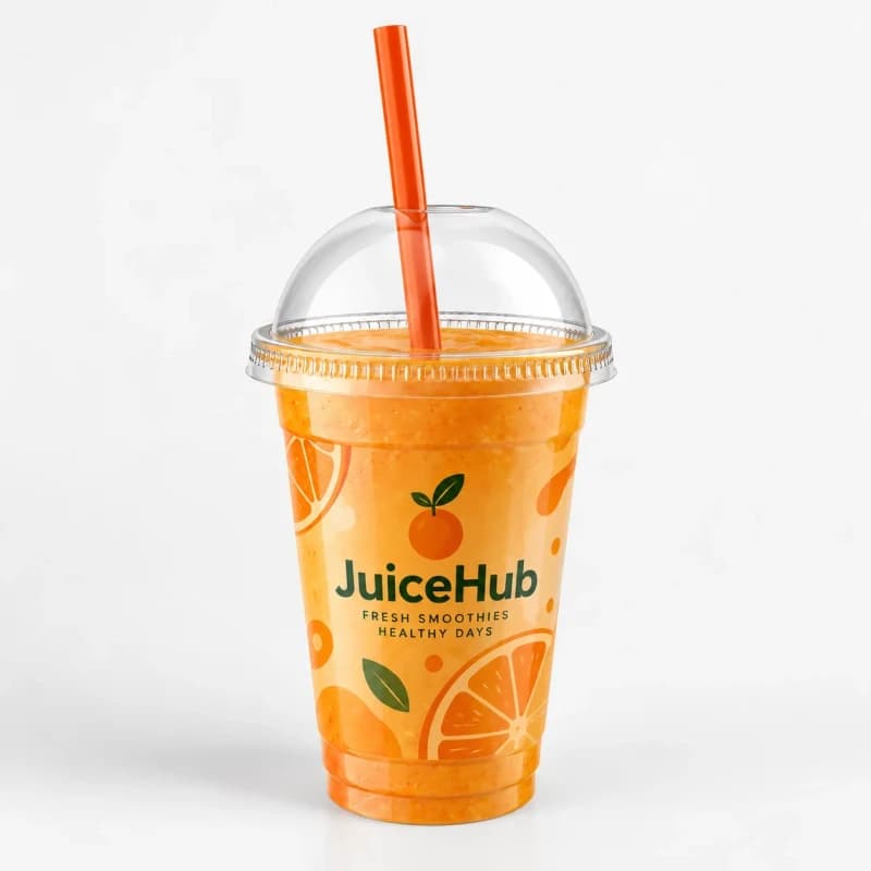 Clear plastic cup with a dome lid and straw filled with an orange smoothie