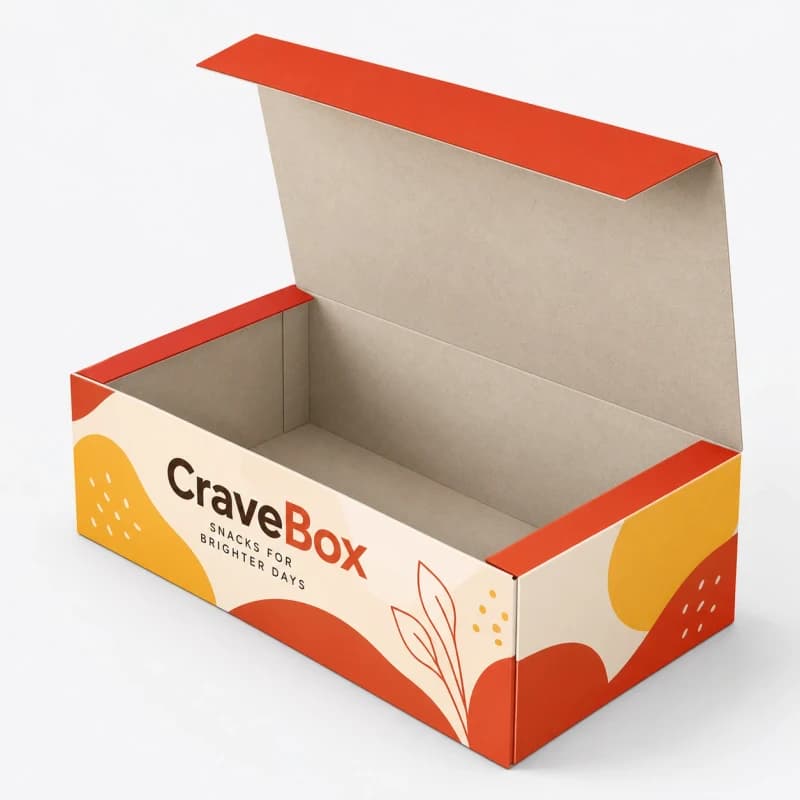 Open kraft-lined fold-over snack box with a red, yellow and cream print