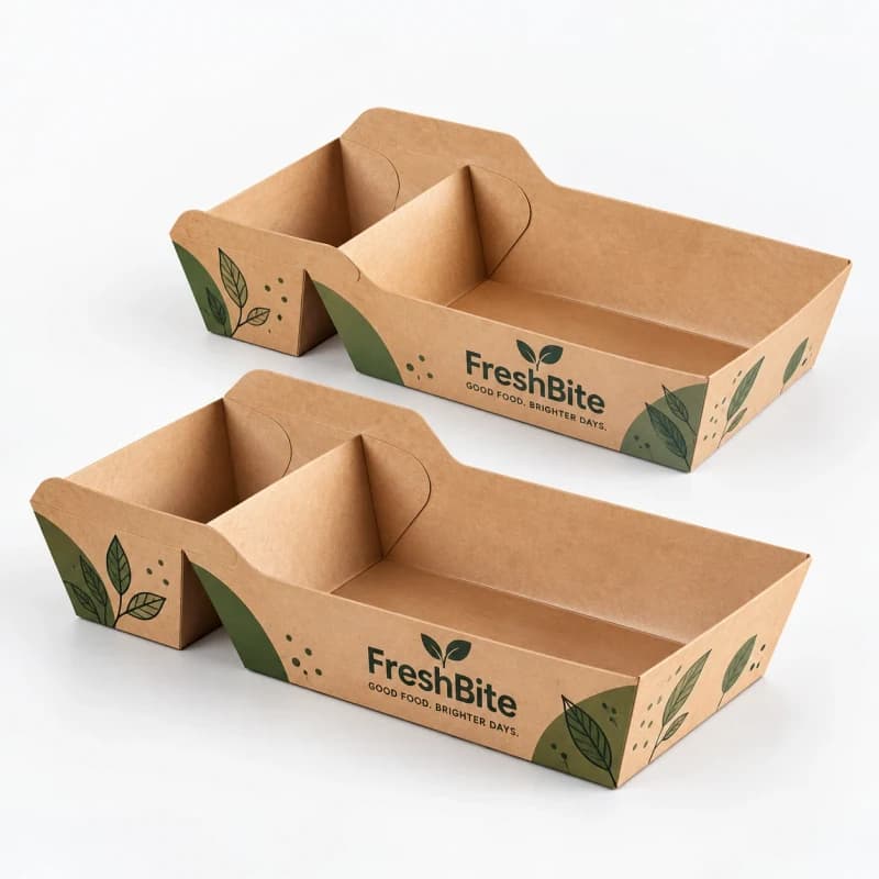 Two kraft trays with divided snack and drink compartments and a leaf print