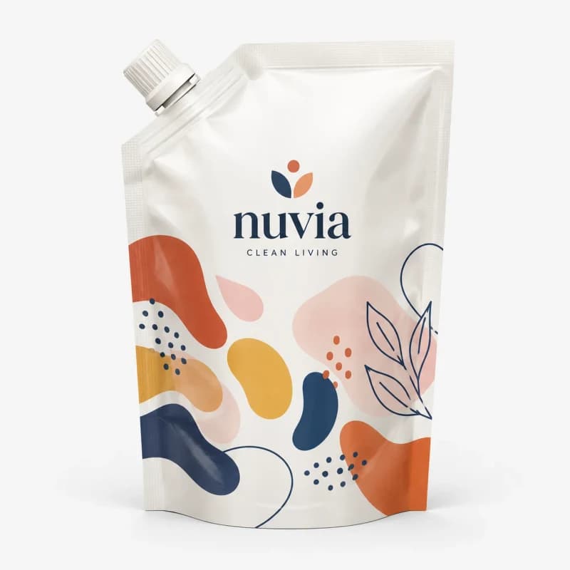 White stand-up spout pouch with a corner spout, cap and colorful print